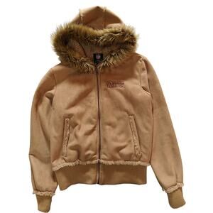 NFL St Louis Rams Tan Faux Suede Fur Trim Hooded Jacket Coat Womens Small